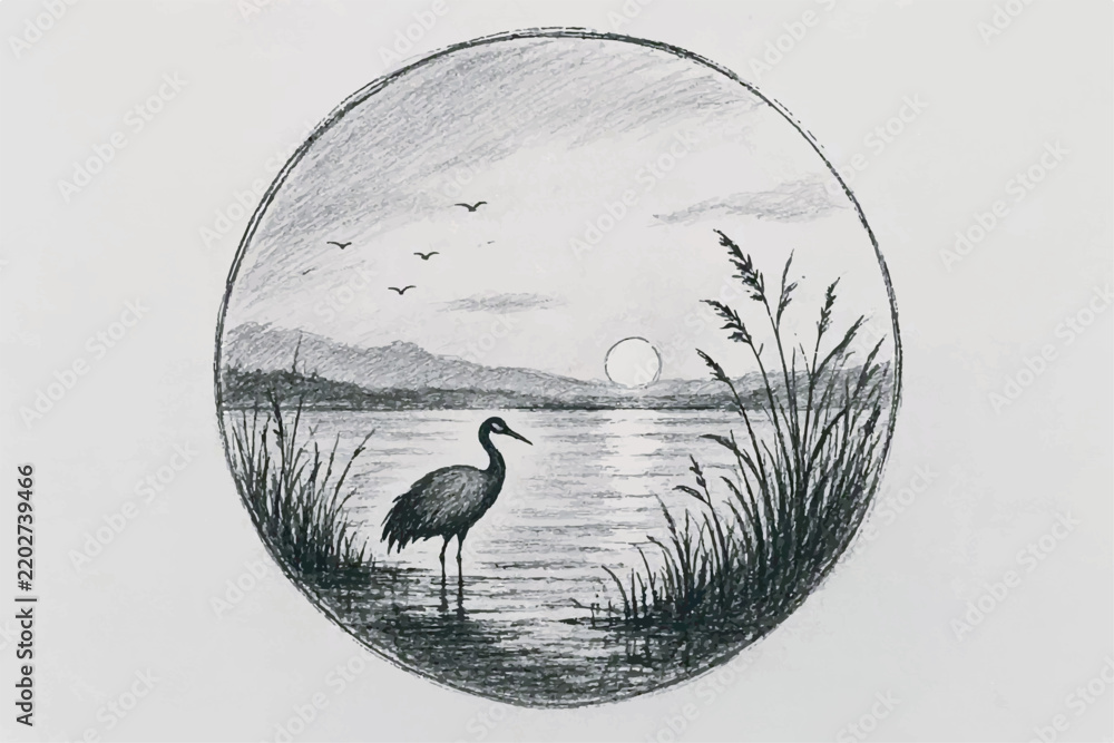 Obraz premium Pencil Drawing Illustration of a Majestic Crane Standing in a Peaceful Lakeside Sunset Landscape Circular Composition
