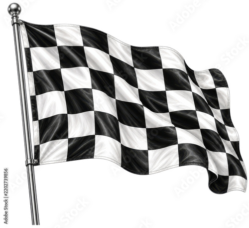 Checkered racing flag on metal pole, black and white motorsport finish line banner, waving race flag isolated on white