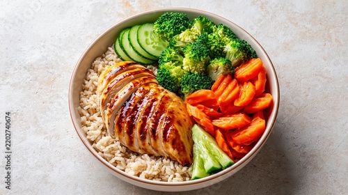 Healthy chicken breast bowl with rice and vegetables