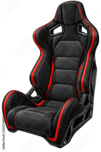 Black and red racing gaming seat, padded bucket chair with sporty upholstery, isolated product photo for gaming setup