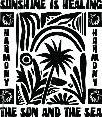 Tribal sun and palm tree pattern with abstract foliage and text for wellness and travel