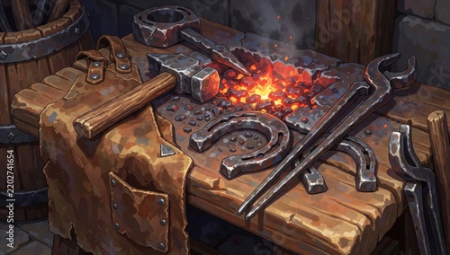Blacksmith's workbench various tools left side bench there large hammer wooden handle metal head next several