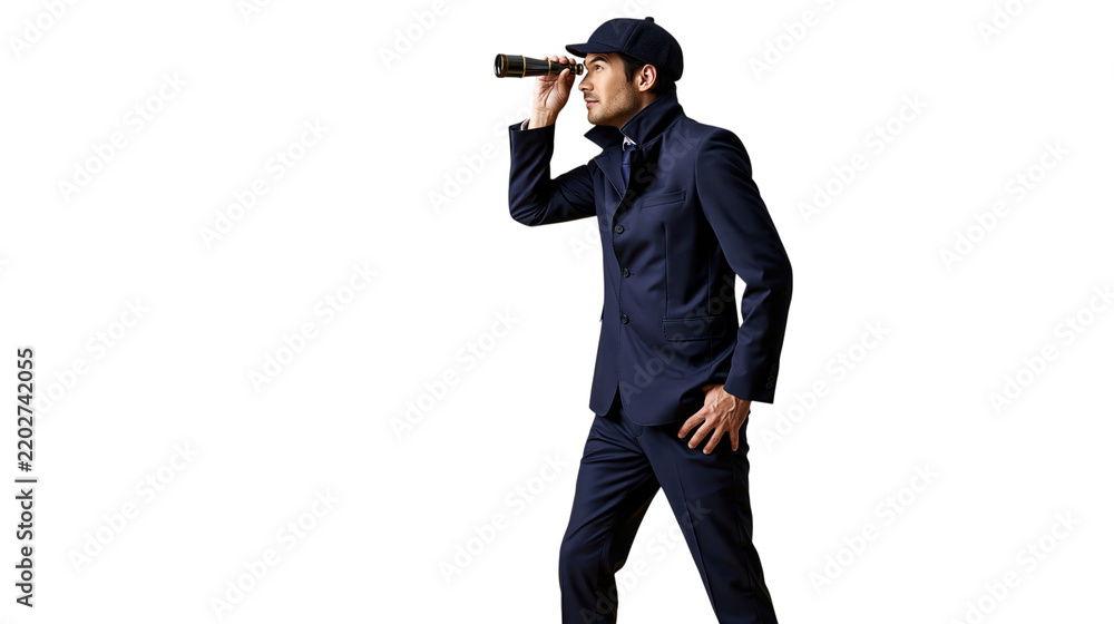 Obraz premium Man in dark blue vintage suit and cap looking through a spyglass isolated on transparent background PNG element