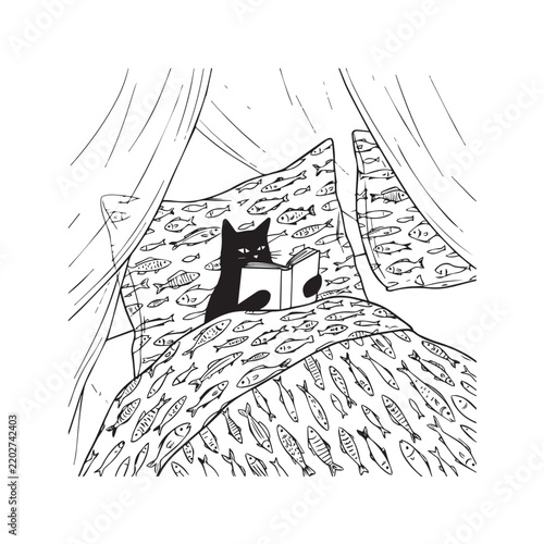 Foto Black Cat Reading Book in Bed Illustration