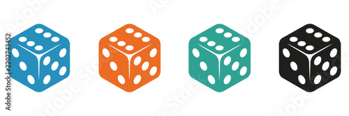 Dice Symbols Featuring Blue, Orange, Teal, and Black Designs for Gambling Games, Board Games, Chance, Probability, Mobile Apps, and UI Graphics
