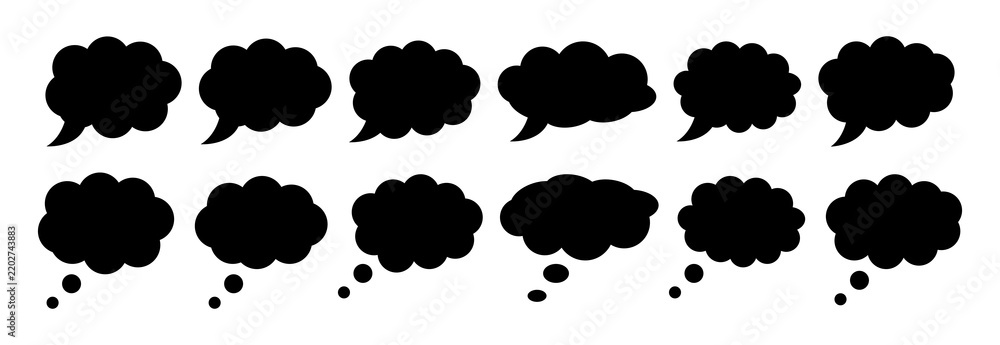 Fototapeta premium Various black thought bubble icons on transparent background vector illustration graphic design elements set for thinking mind idea cloud conversation text frames flat UI web design components.