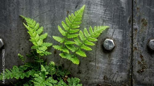 Green fern sprouts from rusted metal surface with bolts