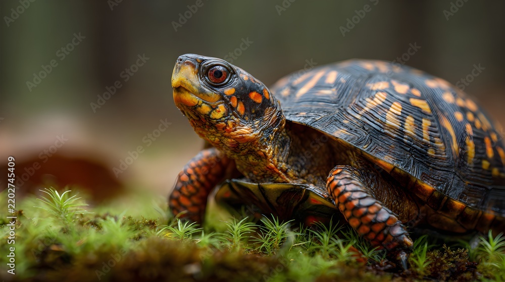 Obraz premium Eastern box turtle resting on green moss in a forest