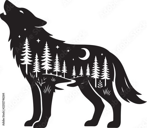 Black silhouette of a howling wolf with double exposure forest and moon scene silhouette wildlife