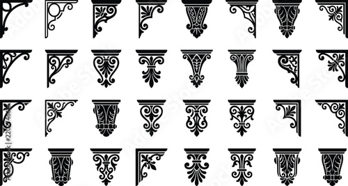 Collection of vintage decorative corner brackets and architectural moldings in black white