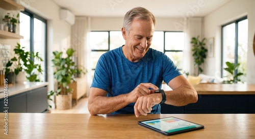 Mature man checking smartwatch at home with tablet on table