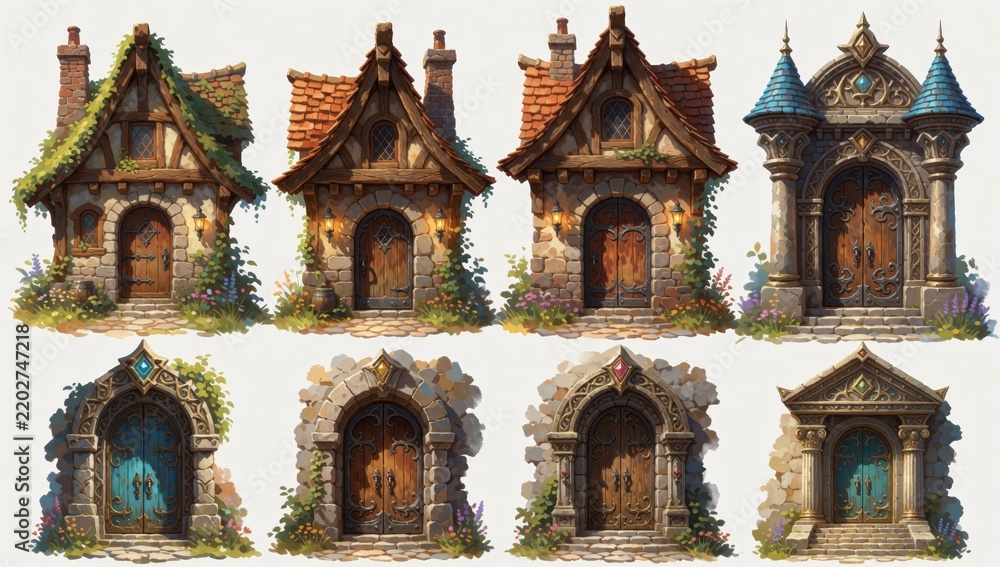 Fototapeta premium Set different types medieval-style houses each house has unique design color scheme first top left sloping roo