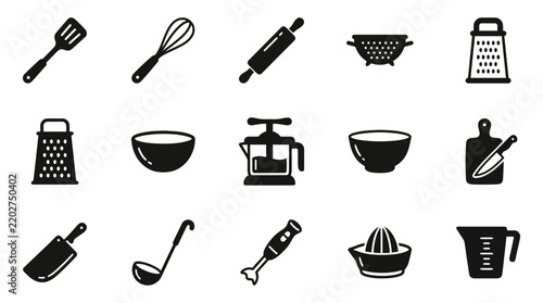 Set of Minimalist Kitchen Utensil Icons Featuring Cooking Tools and Food Preparation Equipment for Culinary Projects
