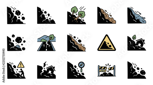 Collection of Landslide and Natural Disaster Warning Sign Icons Featuring Earth Movement and Geological Hazard Symbols for Emergency Planning