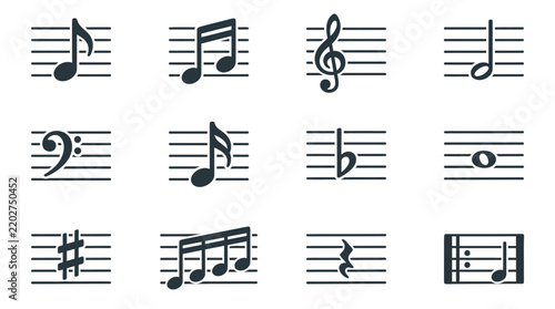A set of twelve essential musical notation icons featuring various clefs, note values, and rhythmic symbols arranged on staff lines