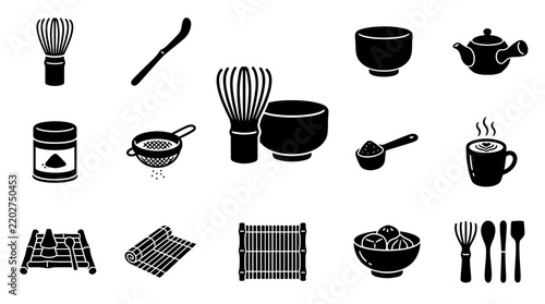 Set of Minimalist Black Icons Illustrating Traditional Japanese Matcha Tea Ceremony Equipment and Preparation Tools