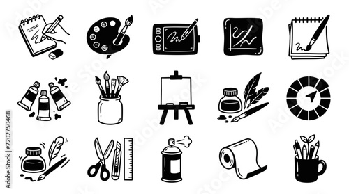 Hand Drawn Art Supplies and Creative Tools Icons Set for Illustrators and Graphic Designers