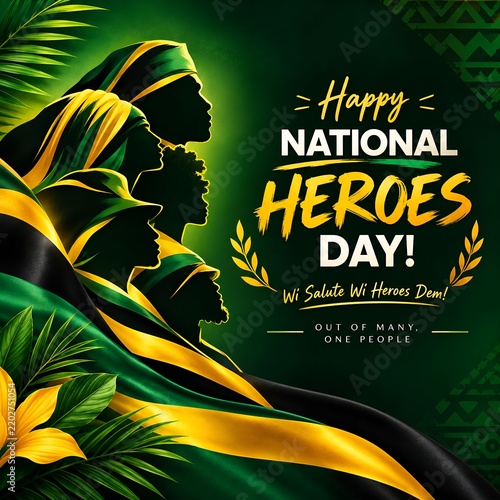 Jamaican National Heroes Day graphic with silhouettes and national flag colors