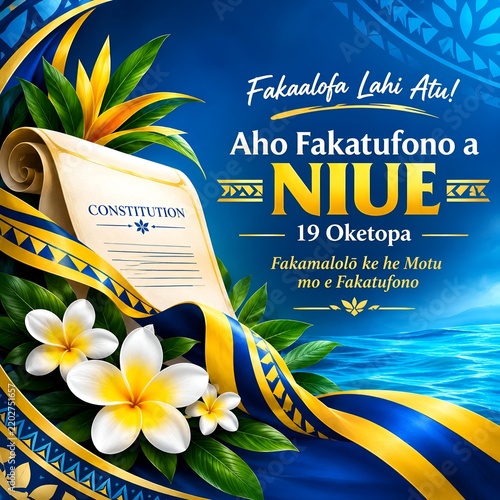 Niue Constitution Day celebration graphic with traditional floral elements