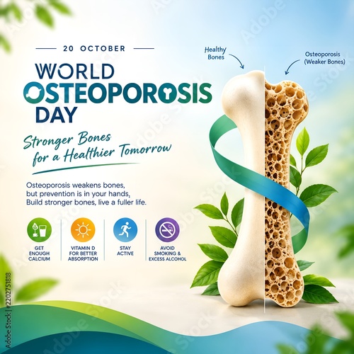 World Osteoporosis Day infographic showing healthy versus weak bone structure with prevention tips