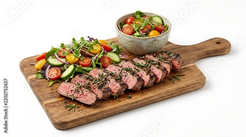 Sliced Grilled Steak with Fresh Mixed Salad on a Wooden Serving Board