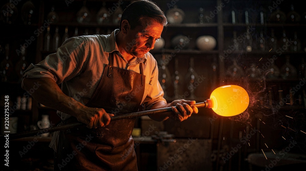 Obraz premium Man glassblower crafting glowing molten glass art in workshop