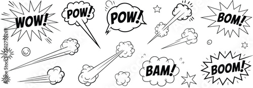 Comic book sound effect speech bubbles with words like pow, wow, bam, and boom with motion lines and star shapes on a white background