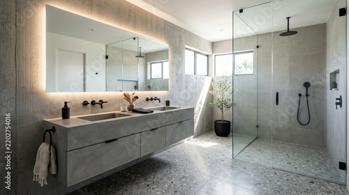 Modern Concrete Bathroom with Walk-in Shower and Double Vanity