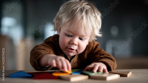 A concentrated toddler is engaged in playing with a colorful wooden puzzle, enhancing cognitive skills through play while fostering creativity and childhood development moments.
