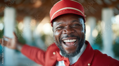 A happy bellhop in a red uniform welcomes guests with a big smile and open arms, showcasing warmth and hospitality in a sunny outdoor setting, evoking joy and friendliness.