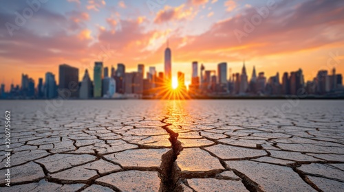 Urban Landscape with Cracked Ground and Sunset over City Skyline