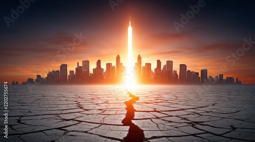 Dystopian Cityscape with Sunset and Cracked Earth Background