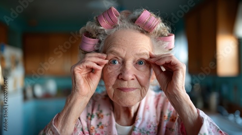 An elderly woman with hair rollers playfully engages with the camera in her cozy kitchen, capturing a moment of warmth, nostalgia, and the beauty of daily life and self-care.