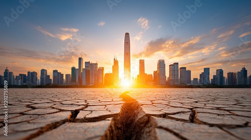Urban Landscape with Cracked Ground and Sunset Over City Skyline