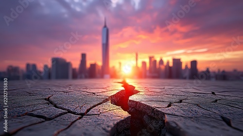 Cracked Earth in Cityscape at Sunset with Dramatic Sky Colors