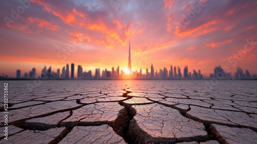 Dry Landscape with Cracked Ground and Urban Skyline at Sunset