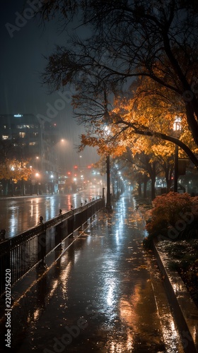 Rainy Night on City Street: A captivating view of a rain-slicked city street at night, illuminated by warm streetlights and the vibrant colors of autumn foliage reflecting on the wet pavement.