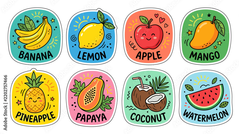Fototapeta premium Tropical Fruit Sticker Collection Banana, Lemon, Apple and Mango Doodle Patches for Summer Food Designs