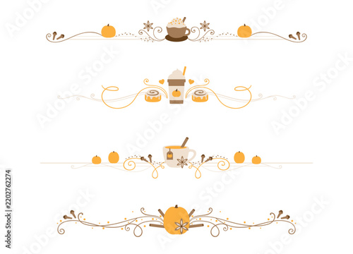A set of pumpkin spice food themed divider lines, with spices, pumpkins, and coffee drinks. Centered dividers with ornate flourish swirls
