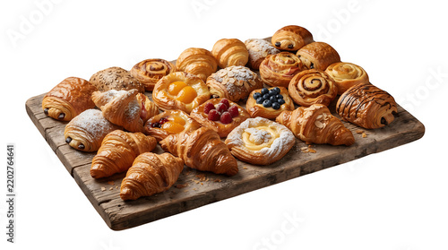 Variety of assorted freshly baked pastries and croissants on a wooden serving board with bakery products breakfast food sweet treats buttery croissants