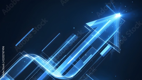 Digital graphic design of a glowing blue neon arrow pointing upward representing business growth and success