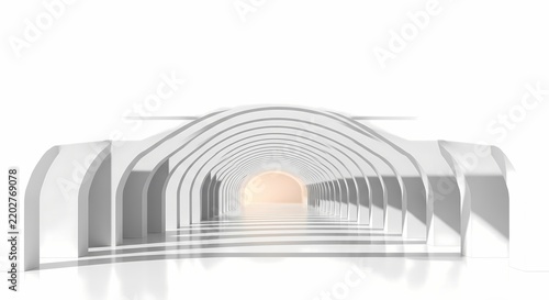 Abstract futuristic white tunnel with arches and bright light at the end