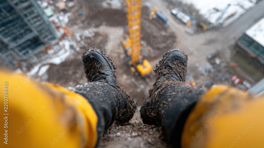 Fototapeta premium A view from above showcasing muddy work boots at a construction site, highlighting the rugged environment and the challenges faced by workers in heavy construction.