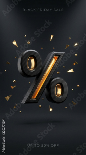 A dark three-dimensional percent sign with gold glowing slash floats on a black background. Golden triangular confetti and spheres scatter around the symbol. Black Friday sale discount