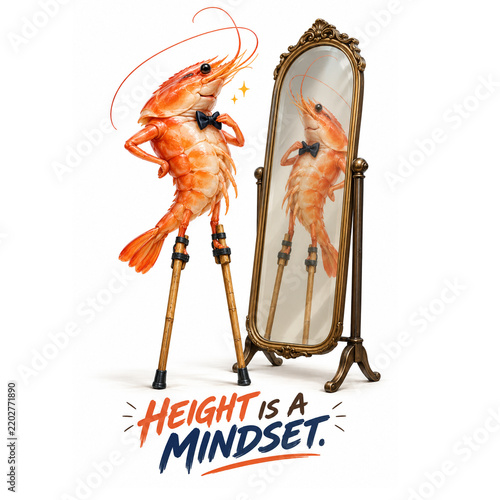 Funny Shrimp Character Standing Tall on Stilts with Mirror and Motivational Quote