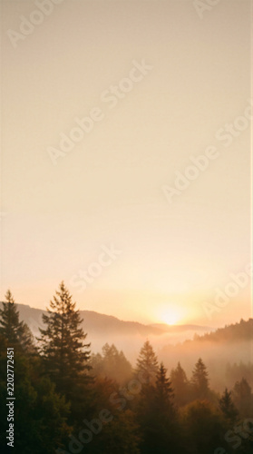 Coniferous trees stand in silhouette on forested hills at sunrise. The sun rises through low mist over layered mountain ridges. Mountain landscape and nature background in soft morning light
