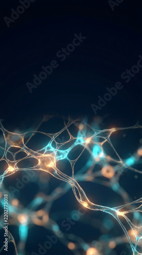 Glowing neuron network spreads across a dark blue background in a vertical composition. Translucent cell bodies connect through thin branching fibers with soft orange highlights