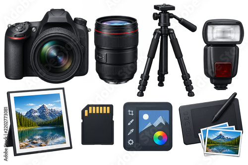 3D Photography Equipment Icon Set – DSLR Camera, Lens, Tripod, Flash, Editing Isolated on White