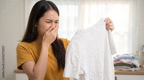 A woman pinches her nose in disgust while holding a smelly white t-shirt, indicating a laundry problem or bad odor.
