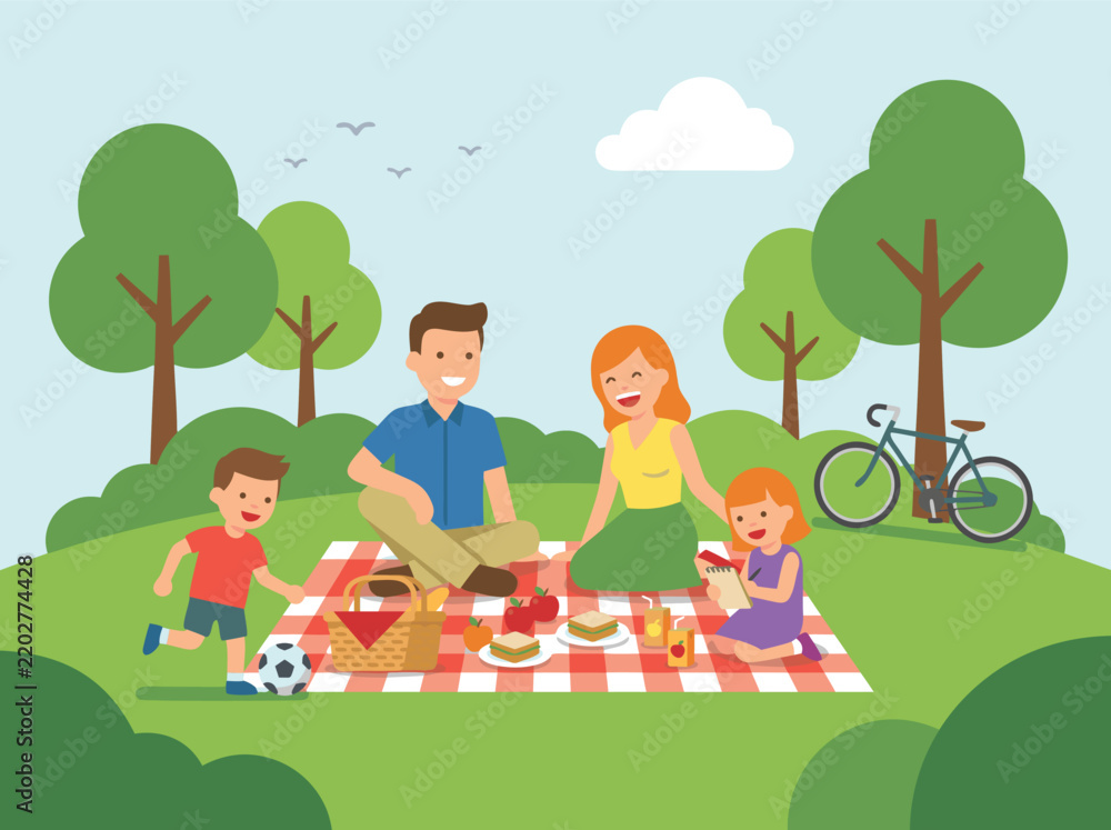 Fototapeta premium Happy family enjoying a picnic in the park, a flat illustration of recreational activity, outdoor sunny day scene, wide angle view.